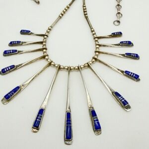 Vtg Southwestern Sterling Silver Lapis Inlay 13 Spike Necklace